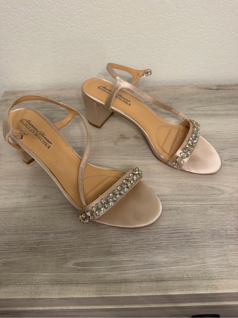 Badgley Mischka Blush Pink Satin Crystal-Embellished Block Heel Sandals